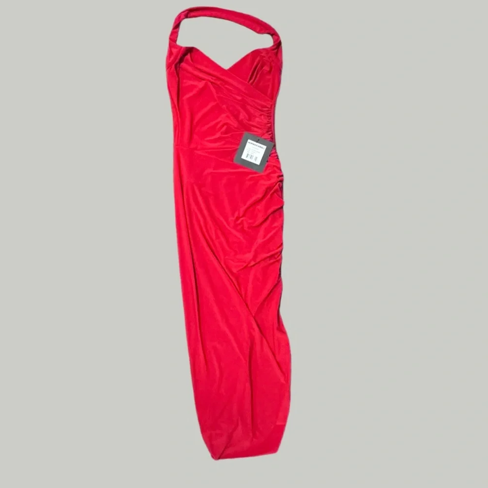NWT Norma Kamali Red Asymmetrical Bodycon Dress w/ Slit & Ruching - Tiger Red-XS - Picture 6 of 8